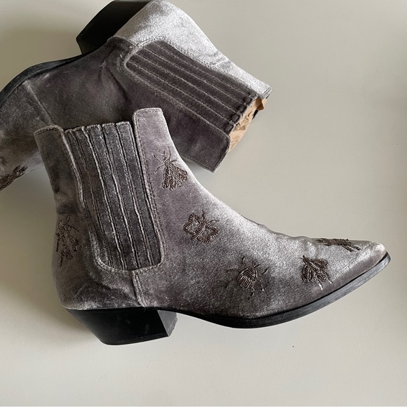 Topshop Women's Gray Velvet Cowboy Boots Embroidered Silver Insects 35 5 - Picture 8 of 12